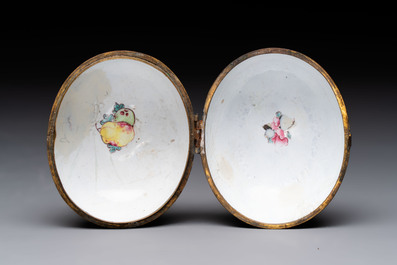 A Chinese Canton enamel 'Long Mu and dragon' oval cosmetic box, 18th C.