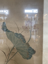 Chinese school: 'Four works with birds and insects near blossoming branches', ink and colour on paper, Republic