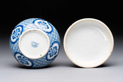 A Chinese blue and white box and cover with floral design, artemisia leaf mark, Kangxi