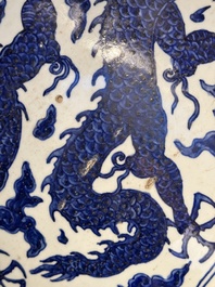 A massive Chinese blue and white 'dragon' fish bowl, Jiajing mark, 20th C.