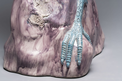 A rare and large Chinese polychrome-glazed crane on a rock, 18/19th C.