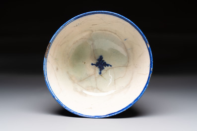 A polychrome Damascus tile, a Persian hexagonal tile and a blue-glazed bowl, 17/19th C.
