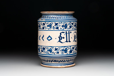 A blue and white Italian albarello, Faenza, 2nd half 16th C.
