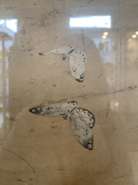 Chinese school: 'Four works with birds and insects near blossoming branches', ink and colour on paper, Republic