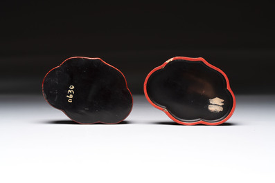 A fine Chinese red cinnabar lacquer ruyi-form 'Ba Man Xian Bao 八蠻獻寶' box and cover, Qianlong