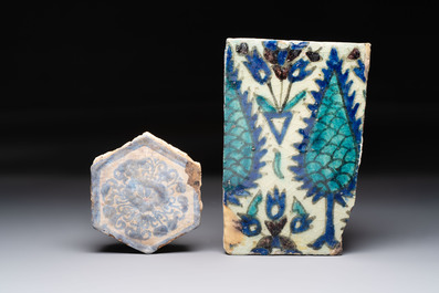 A polychrome Damascus tile, a Persian hexagonal tile and a blue-glazed bowl, 17/19th C.
