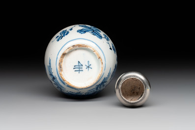 A blue and white Dutch Delft vase with silver cover, 18th C.