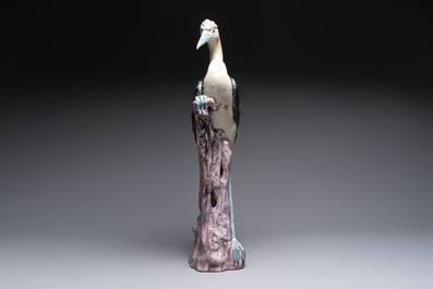 A rare and large Chinese polychrome-glazed crane on a rock, 18/19th C.