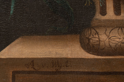 A. v. Wijk (Dutch school): 'Still life with flowers', oil on canvas, 17th C.