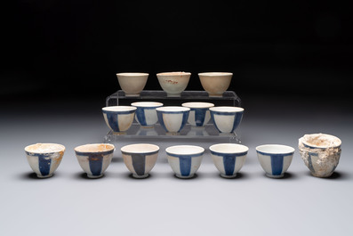 Thirteen Chinese blue and white 'Hatcher Cargo' cups and three celadon-glazed cups, Transitional period