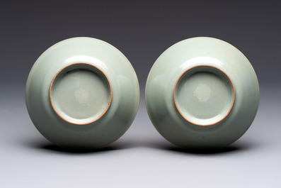 A pair of Chinese Longquan celadon saucers, Song/Yuan