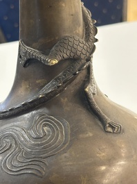 A pair of Chinese or Vietnamese gold-splashed bronze garlic-mouth 'dragon' vases, with seal mark, 17/18th C.
