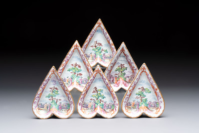 A rare polychrome Dutch Delft petit feu six-piece sweetmeat set, 18th C.