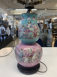 A Chinese famille rose double gourd 'Eight Immortals' vase mounted as a lamp, 19th C.