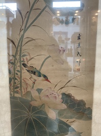 Chinese school: 'Four works with birds and insects near blossoming branches', ink and colour on paper, Republic