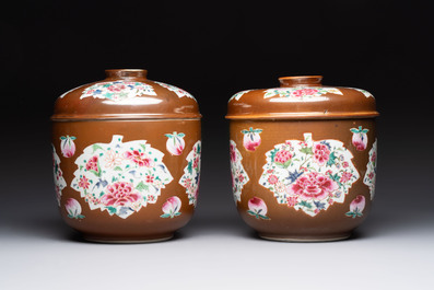 Two large Chinese famille rose capucin-ground covered bowls, Qianlong
