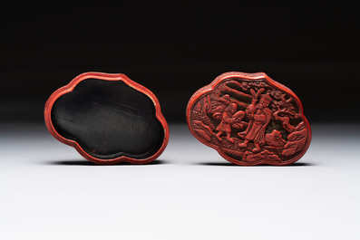 A fine Chinese red cinnabar lacquer ruyi-form 'Ba Man Xian Bao 八蠻獻寶' box and cover, Qianlong