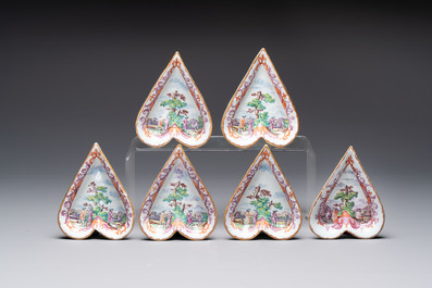 A rare polychrome Dutch Delft petit feu six-piece sweetmeat set, 18th C.