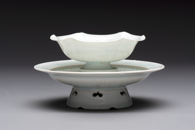 A pair of Chinese qingbai 'crane' plates and a tea bowl with stand, Song/Yuan