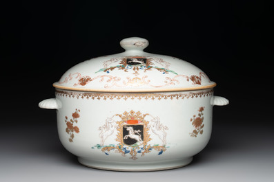 A Chinese famille rose armorial tureen and cover with the arms of van Beeftingh for the Dutch market, Qianlong