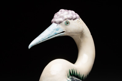 A rare and large Chinese polychrome-glazed crane on a rock, 18/19th C.