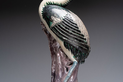 A rare and large Chinese polychrome-glazed crane on a rock, 18/19th C.