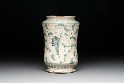 A polychrome Italian albarello inscribed 'RO. LAT: IND. MINOR', Montelupo, 17th C.