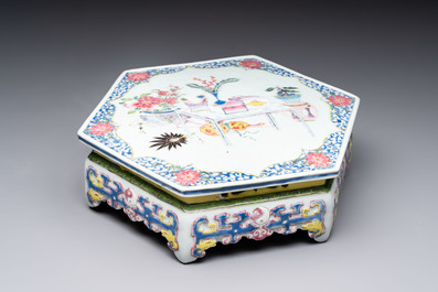 A Chinese famille rose hexagonal stand with antiquities, Yongzheng/Qianlong