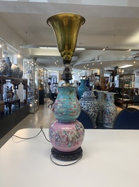 A Chinese famille rose double gourd 'Eight Immortals' vase mounted as a lamp, 19th C.