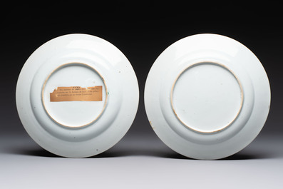 A rare pair of Chinese doucai 'Commedia dell&rsquo;arte' 'South Sea Bubble' plates, Kangxi, ca. 1720