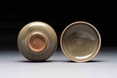 A pair of white-glazed oil lamps, a Longquan celadon vase and Yaozhou celadon box and cover, Ming/Qing