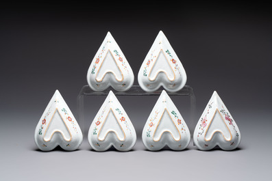 A rare polychrome Dutch Delft petit feu six-piece sweetmeat set, 18th C.