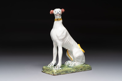 A polychrome Brussels faience greyhound, 18th C.
