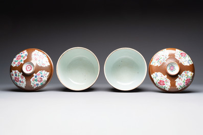 Two large Chinese famille rose capucin-ground covered bowls, Qianlong
