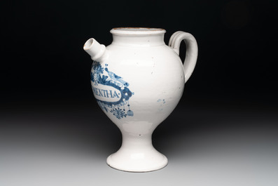 A blue and white Dutch Delft wet drug or syrup jar inscribed 'S. DE MENTHA', early 18th C.