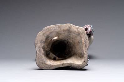 A rare and large Chinese polychrome-glazed crane on a rock, 18/19th C.