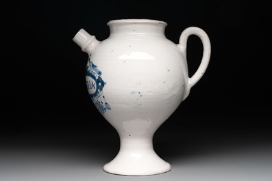 A blue and white Dutch Delft wet drug or syrup jar inscribed 'S. DE MENTHA', early 18th C.