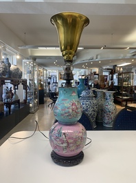 A Chinese famille rose double gourd 'Eight Immortals' vase mounted as a lamp, 19th C.