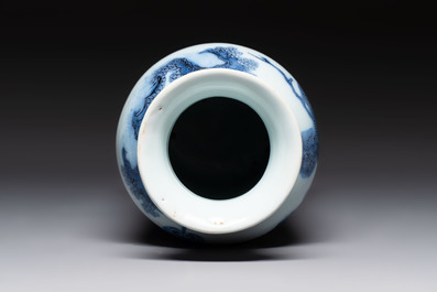 A blue and white Dutch Delft chinoiserie rouleau vase, 17th C.