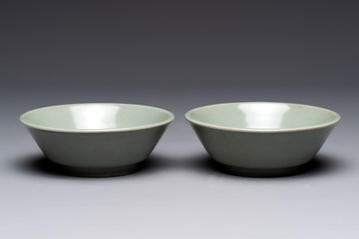 A pair of Chinese Longquan celadon saucers, Song/Yuan