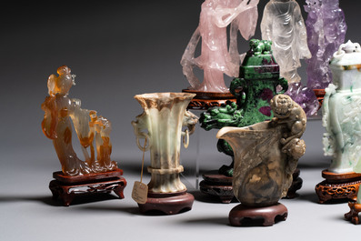 A collection of 26 Chinese jadeite, rock crystal, turquoise, agate and other hardstone carvings, 19/20th C.