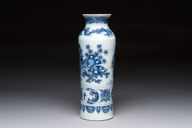 A blue and white Dutch Delft chinoiserie rouleau vase, 17th C.