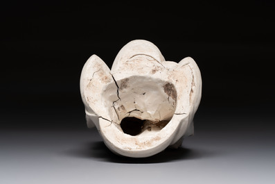 A rare and elegant Chinese Dehua blanc de Chine Guanyin on a wooden stand, Transitional period