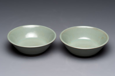 A pair of Chinese Longquan celadon saucers, Song/Yuan