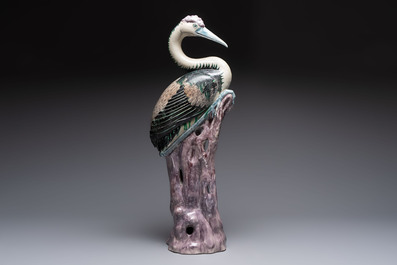 A rare and large Chinese polychrome-glazed crane on a rock, 18/19th C.
