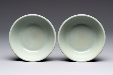 A pair of Chinese Longquan celadon saucers, Song/Yuan