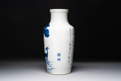 A Chinese blue and white 'He Lu Tong Chun 鶴鹿同春' vase, Tao Cheng Tang 陶成堂 mark, 18/19th C.