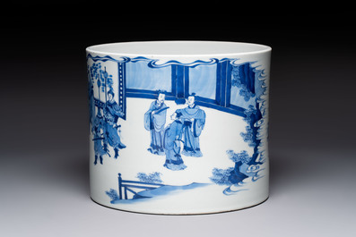 A large Chinese blue and white 'Li Jing Qu Qi 李靖娶妻' brush pot, 19th C.