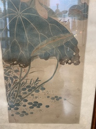 Chinese school: 'Four works with birds and insects near blossoming branches', ink and colour on paper, Republic