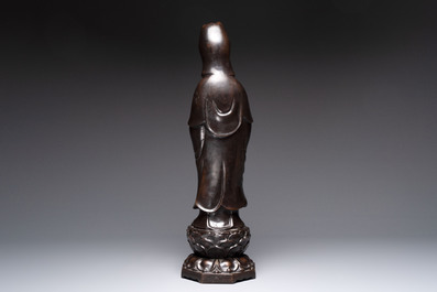 A Chinese bronze Guanyin standing on a lotus throne, 19th C.